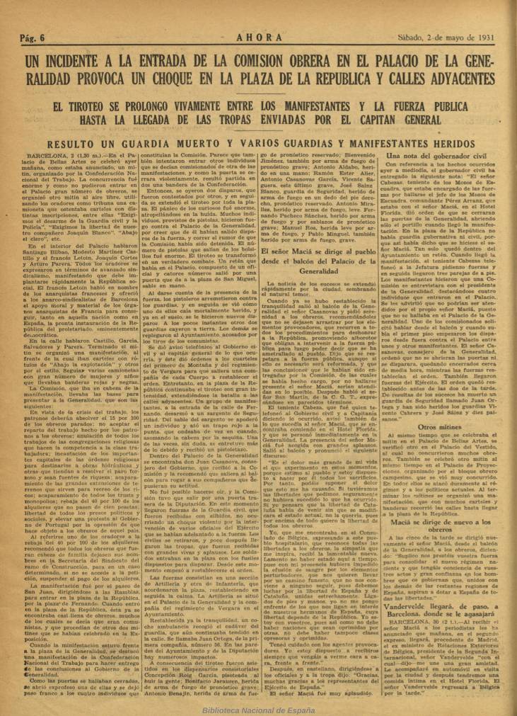 2 de mayo de 1931 - ¡Violento choque en Barcelona! Tiroteo entre manifestantes y fuerzas públicas deja un guardia muerto en la Plaza de la República