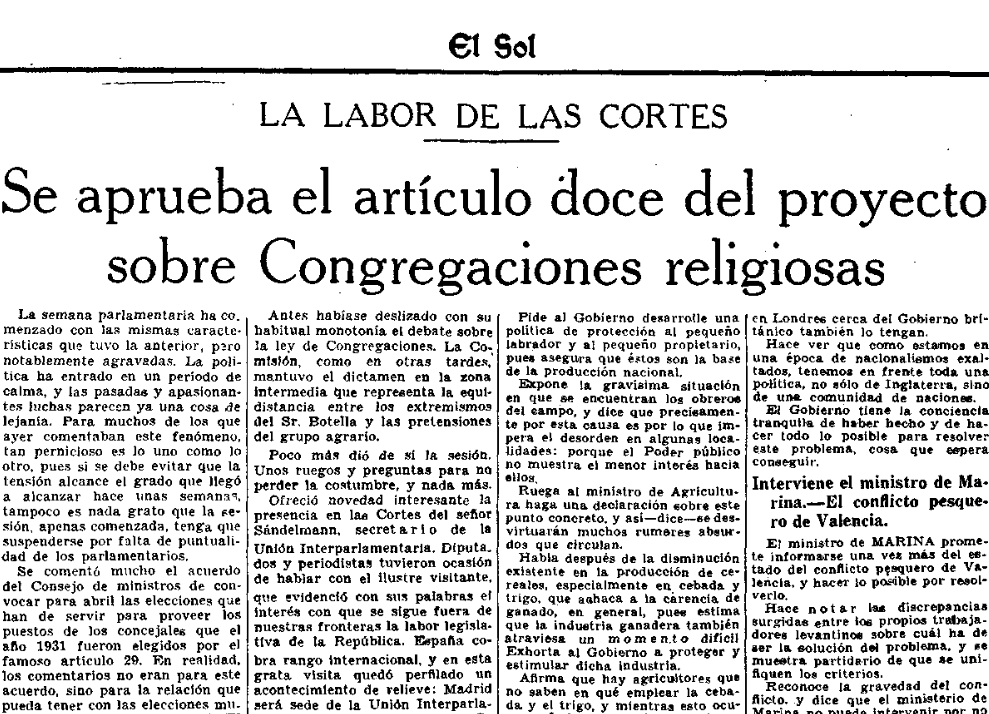 La aprobación del Artículo 12 de La Ley de Congregaciones Religiosas de 1933 en España"